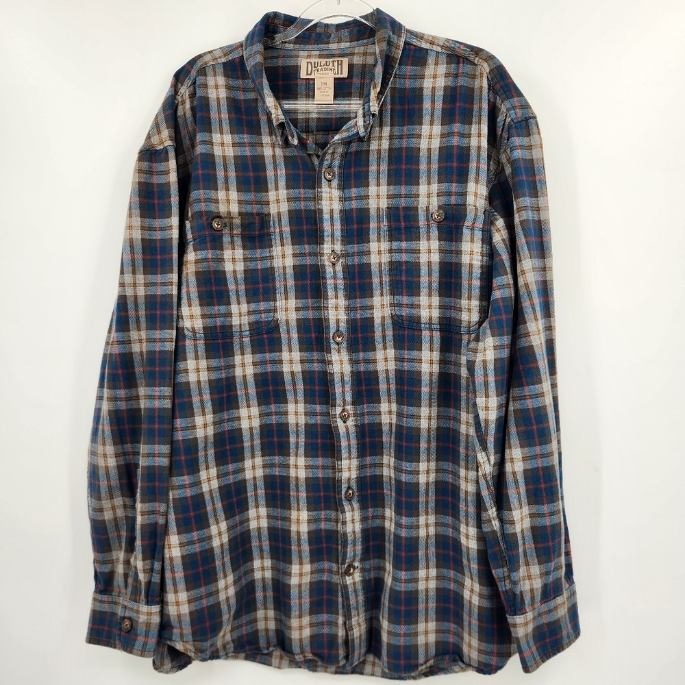 Duluth Trading Long Sleeve Button Front Shirt Mens Size 2XL Flannel Blue Plaid